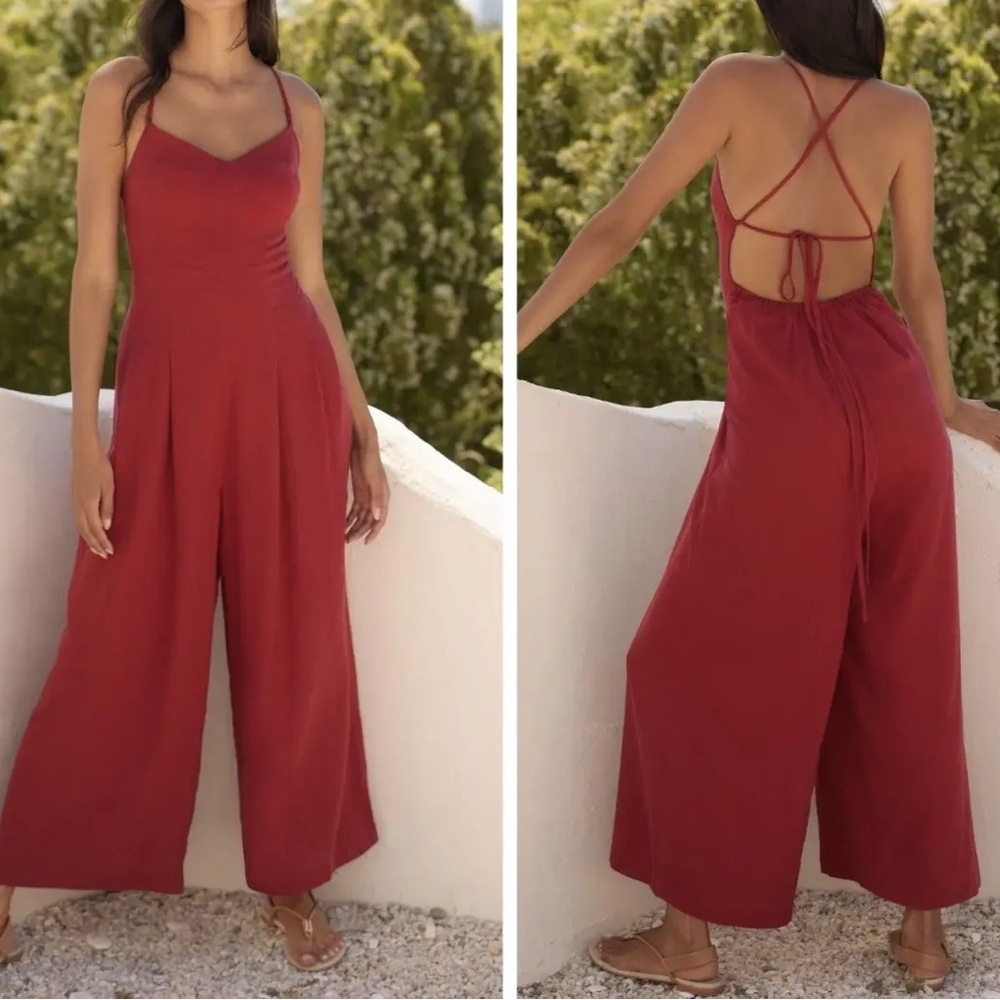 ANTHROPOLOGIE The Carrie Linen Wide-Leg Jumpsuit Women M RED  Vacation